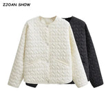 Winter IvoryWhite Embossing Heart Quilted Coat CHIC Women Front Pocket Thin Quilting Full Sleeve Loose Warm Jacket Black-Outfit