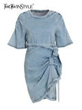 TWOTWINSTYLE Korean Two Piece Set Women Round Neck Short Sleeve Tops High Waist Ruched Midi Skirts Female Sets Fashion