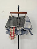 Women's Denim Skirt Colored Plaid Patchwork Irregular Deconstructed A-line High Waist Mini Skirt 2024 Summer New Fashion-Outfit