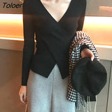 2023 Spring Autumn Ribbed V-neck Pullover Women Basic Solid Color Knitted Sweater Woman Slim Fit Long Sleeve Jumper