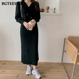 Autumn Winter Women Dress 2021 Hooded Knitted Midi Dresses for Women Long Sleeve Loose Female Sweater Vestidos