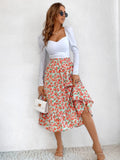 Printed Modest High Waist Elastic Waist Print Midi A-Line