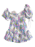 Women Spliced Bow Bandage Floral Print Mini Dress Sexy Short Lantern sleeve One Shoulder Party Dresses-Outfit