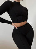 Ribbed Turtleneck Crop Top and Pants 2pc Set 618-1-Outfit