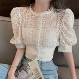Blouse Women Korean Hollow Out Lace White Women Shirt 2021 New Short Sleeve Button Loose Shirts Solid Female Tops