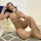 Casual Khaki Fleece V-neck Long Sleeve Crop Top and Wide-legged Pants 2 Piece