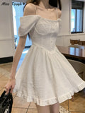 Elegant White Dress Women Vintage Party Mini Dresses Female High Waist Puff Sleeve Korean Fashion Retro Dress 2022