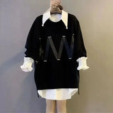 Women's Korean Turn-down Collar Shirt Fashion Spliced Solid Color Knitted Sweaters Two Piece Sets Autumn Female Clothing