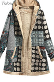 Fashion Winter Vintage Women Coat Warm Printed Thick Fleece Hooded Long Jacket Ladies Outwear Loose OverCoat