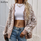 Autumn Fashion Zebra Striped Cardigan Women Sweater Long Sleeve O Neck Button Black Street Knitted Cardigans Winter