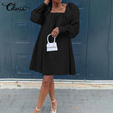 Dress Sexy Celmia Elegant Puff Sleeve Square Collar Mini Dresses Casual Solid Sundress 2021 Autumn Ladies Party