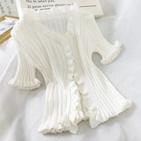 Graduation party French Retro Young Style Cardigans Ruched T Shirt Split Crop Top Women Knit Rib Summer Streetwear Fitness