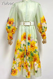 Ruched Print Slim Dresses For Women Stand Collar Long Sleeve High Waist Spliced Belt A Line Midi Dress Female Summer