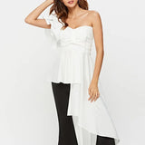 White Patchwork Ruffle T Shirt For Women Skew Collar Sleeveless Irregular Hem Slim T Shirts Female Fashion