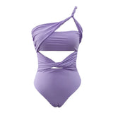 Solid Color Cross-Shoulder Hollow One-Piece Swimsuit Women 2025 New High-Waisted Integrated Export