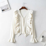 vintage french women's white sweaters black flare sleeve single breasted cardigans with ruffles v neck autumn