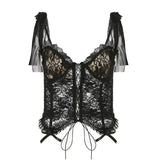 Sweat Kwaii Y2K Bow Lace Bandage Crop Top See Through Women Cami Sexy Summer Backless Off Shoulder Tank