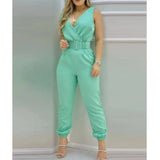 Fashion Sleeveless Playsuits With Belt 2024 Spring/Summer New V-neck Backless Printed High Waist Jumpsuit For