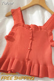 2023 Y2K Buttons Cute Women Cropped T-shirt New Streetwear Stripe Sexy Summer OFF White Ruffles Sleeveless