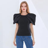 Black Chic T Shirt For Women O Neck Puff Short Sleeve Slim Ruched Casual T Shirts Female Fashion New Style