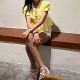 Women's Elegant Kawaii Summer Peplum Blouse Tops Short Puff Sleeve Round Neck Bow Tie-Up Front Babydoll Flare Shirts-Outfit