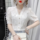 Summer V Neck Lace Blouse New Short Sleeve Elegant Women Tops Solid Lace Crochet Ruffle Patchwork Slim Women Shirts