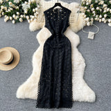 Light Luxury High-End Sleeveless Dress Female Summer Mesh Yarn Hollow Hook Open Fork Design Long