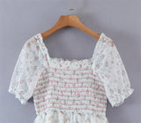 Spring Summer Women's Sweet French Vintage Romantic Fairy Slash Neck Puff Sleeves Floral Elastic Slim Dress Women