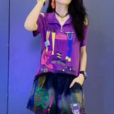 High Street Stylish Off Shoulder T-shirt Female Clothing Casual Turn-down Collar Zipper Korean Printed Commute Pullovers-Outfit
