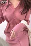 Turn Down Collar Long Sleeve Knitting Sweater Cardigan Slim Korean Bodycon Party Midi Dress Women Oversized Autumn