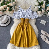 Women Dress Dot Patchwork Bow Tie V Neck Sexy Strapless Vestidos Femme Stretch High Waist A-line Dresses 2022 New