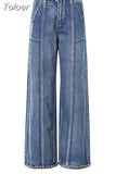 Minimalist Solid Patchwork Denim Pant For Women High Waist Full Length Straight Loose Jeans Female Spring Fashion 2023