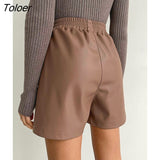 Vintage Brown PU Shorts Elastic Waist Faux Leather Pleated Shorts Fall Winter 2022 Office Ladies Pocket Black
