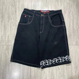 street American men shorts pattern print hiphop hip hop retro men and women denim shorts mens shorts-Outfit