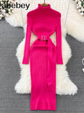 Black Turtleneck Sexy Women Dress Autumn Long Sleeve Skinny Maxi Boydcon Casual Sweater Plush Knee-Length Party