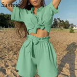 Khaki Casual Beach Women Summer Tracksuit Shorts Set Short Sleeve Shirt Tops And Loose Mini Shorts Two Piece Set