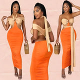 Party Sexy Contrast Color Cut Out O-Ring Halter Ruched Midi