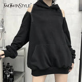 Streetwear Off Shoulder Sweatshirt For Women Hooded Collar Long Sleeve Casual Black Sweatshirts Female Fashion