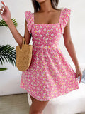 Print Square Neck Ruffle Shoulder