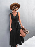 Romantic V-neck Sleeveless Solid Belted A-line Holiday