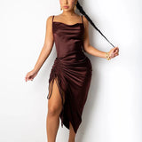 Satin Summer Dress Women Party Sexy Summer 2021 Drawstring Spaghetti Straps Cowl Neck Backless Long
