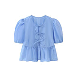 Women's Elegant Kawaii Summer Peplum Blouse Tops Short Puff Sleeve Round Neck Bow Tie-Up Front Babydoll Flare Shirts-Outfit