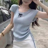 Round-Neck Short-Sleeved Sweater Women's Summer Korean Sweater Sweet Gentle Sweater Pull Rope Wrinkle Slim Bm Blouse-Outfit