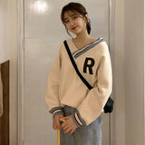 Women Loose Tops Slouchy Style WinterWarm Sweatshirts V-Neck Long Sleeve Pullover Girls Patchwork Clothes Blouse