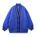 And Winter New Tricolor Knitted Spliced V-Collar Loose Version Cotton Jacket-Outfit