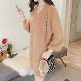 All-match Midi Elegant Solid Color Sweaters 2023 Autumn Winter Korean Loose Long Sleeve V-Neck Jumpers Women's