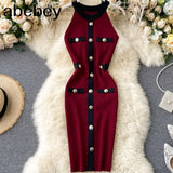 Dress 2022 New Women Fashion Sexy Halter Buckle Slimming Vestidos Knitted Summer Stretch Waist Bodycon