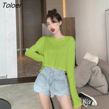 Sleeve T-shirts Women Spring Solid Loose Crop Top Sexy New Trendy Leisure Girls T-shirt Korean Stylish Teens All-match