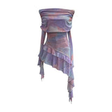 And Spicy Shoulder Dyed Printing Mesh Long-Sleeved Coat Folds Irregular Ribbon T-Shirt