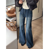 Blue T-Shirted High-Belt Plus Velvet Horn Jeans Women Autumn And Winter Spring And Autumn Narrow Version Straight Horseshoe Long